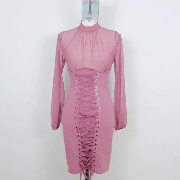 Iris Mauve Pink Sheer Mock Neck Long Sleeve Corset Lace Up SZ S Sexy Y2K Dress - Picture 1 of 14